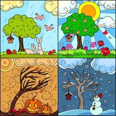 four different scenes with trees and pumpkins