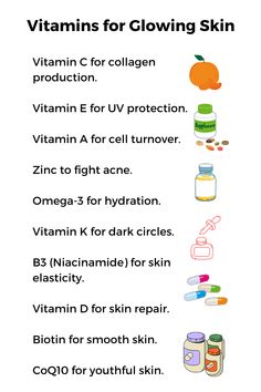 Discover the top vitamins for glowing, healthy skin! These tips will help you achieve a radiant complexion through proper nutrition and supplementation.  skin care tips, glowing skin, clear skin, vitamins for skin Skin Vitamins For Women, Vitamins E For Skin, Vitamins For Glowing Skin, Skin Care Supplements, Clear Skin Supplements, Vitamins For Acne Clear Skin, Supplements For Clear Skin, Clear Skin Vitamins, Vitamins For Acne