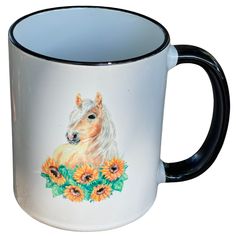 a coffee mug with a horse and sunflowers on it