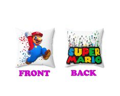 two pillow cases with cartoon characters on them, one has the word front and back