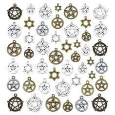 Jialeey 48pcs Mixed Magic Pentacle Hexagram Star Protection Lucky Charms Pendants Diy For Necklace Bracelet Jewelry Making, Antique Silver Bronze Product Details * Package Dimensions : 4.45 X 3.03 X 0.43 Inches; 3.53 Ounces * Item Model Number : Usa00341 * Date First Available : May 19, 2019 * Manufacturer : Leefunad * Brand, Seller, Or Collection Name: Jialeey * Metal: Bronze * Material: Alloy * Gem Type: Alloy * Clasp: Round Clasp * Model Number: Usa00341 Sterling Silver Diamond Earrings, Electroplating Process, Magical Jewelry, Versatile Jewelry, Green Pearls, Statement Drop Earrings, Lucky Charms, Yellow Earrings, Pink Earrings