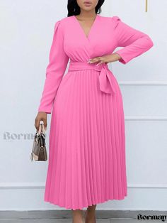 Bormay - Stylish Long Sleeve Tie-Belt Solid Color Collared Pleated Dress Elegant Pink Belted Maxi Dress, Elegant Spring Belted Maxi Dress, Elegant Spring Maxi Dress With Belt, Chic Pink Belted Maxi Dress, Spring Party Dresses With Belt, Fitted Maxi Dress With Belt For Spring, Spring Fitted Maxi Dress With Belt, Pleated Maxi Dress For Office In Spring, Women With Ties