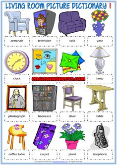 the living room picture dictionary is shown in this graphic file, with pictures and words