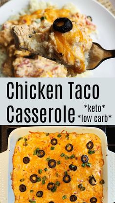 chicken taco casserole with black olives on top and in the bottom