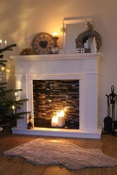 a living room with a fire place and christmas tree