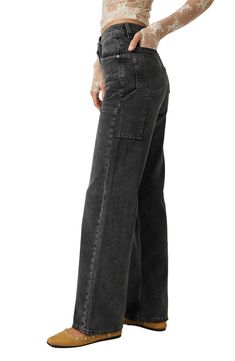 Sweeping wide legs and a retro high waist lend vintage drama to these nonstretch jeans fixed with utility-inspired detailing. 31" inseam, 22" leg opening, 12" front rise, 15" back rise (size 29) 100% cotton Machine wash, line dry Imported Mid-rise Washed Black Flare Jeans With Belt Loops, Wide Leg Flare Jeans With Patch Pockets For Fall, Black Wide Leg Flare Jeans With Pockets, High Rise Washed Black Flare Jeans For Work, Relaxed Fit Wide Leg Flare Jeans With Patch Pockets, Wide Leg Jeans In Washed Black With Belt Loops, Utility Style Flare Jeans With Belt Loops For Streetwear, Fall Utility Flare Jeans, Utility Wide Leg Jeans With Belt Loops