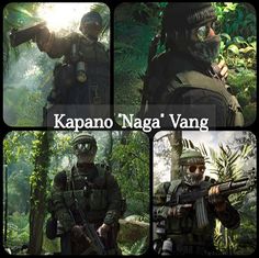 four different images of the same person in camouflage gear, with text that reads kapano naga vaang