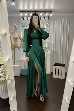 Fabric: High-quality heavy faux silk Viscose 35%, Polyester 35%, Cotton 20% Nylon 10% Maxi length Slit side Puff sleeves Emerald IMPORTANT: Processing time for sizes XS, L-3XL requires extra 5 business days. We are preparing sizes XS, L-3XL one by one (hand-made). Designed by John Tial | GIORIS Classy Green Dress, Live References, Classic Dressing, Elegant Streetwear, Classy Edgy, Long Party Dress, Emerald Green Weddings, Ladies Dresses, Dresses Elegant