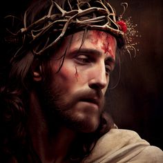 a man with blood on his face wearing a crown of branches over his head and eyes