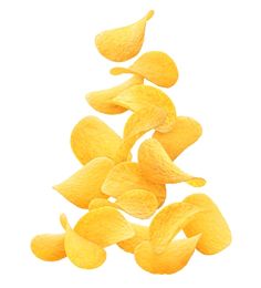 potato chips falling into the air on a white background