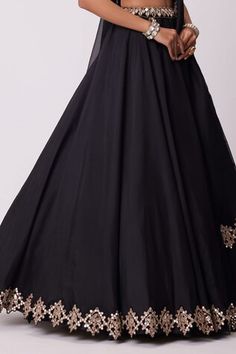 Black flared attached cancan lehenga with linear mirror embroidery. Paired with a padded mirror embroidered blouse with a tasseled cutout back and embroidered dupatta. - Aza Fashions Cape Lehenga, Lehenga Dupatta, Kurta Lehenga, Cutout Blouse, Black Lehenga, Lehenga Pattern, Lehenga Skirt, Black Flare, Blouse Length