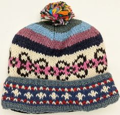 Pure Wool Handmade Blush Hat with Multicolored Pom | Accessories | Multicoloured | Vacation, Fall, Handmade Multicolor Wool Hat For Winter, Multicolor Wool Hats, Multicolor Winter Cap, Warm Multicolor Wool Hats, Warm Multicolor Winter Bonnet, Cozy Multicolor Winter Hat, Multicolor Hand Knitted Hats For Cold Weather, Hand-knitted Multicolor Hats For Cold Weather, Warm Multicolor Winter Hat