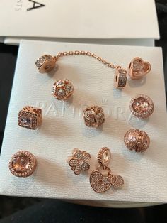 9 rose gold charm and one safety chain. Rose Gold Pandora, Gold Pandora, Rose Gold Charms, Safety Chain, Gold Charm, Charm Bracelets, Pandora Charms, Beauty Book, United Kingdom