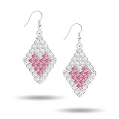 two pairs of pink and white earrings with diamonds on the bottom, one is shaped like a heart