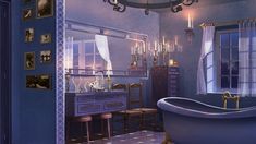 the bathroom is decorated in blue and purple