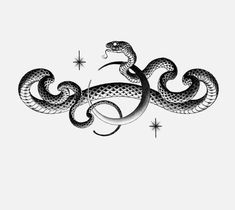 a black and white drawing of a snake with stars on it's back side