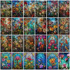 many different stained glass windows with flowers and plants on them, all in different colors