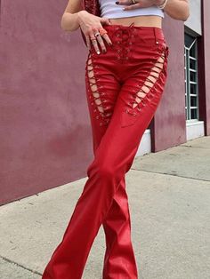 Lace Up Leather Pants Cut-out Lace Up Pu Leather Pants - AnotherChill Patchwork Trousers, Summer Streetwear, Red Pants, Slim Fit Pants, Slim Pants, Jeans Boyfriend, Straight Pants, Women Lace, Flare Pants