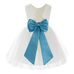 The elegant bodice feature is made of floral lace with soft tulle at the bottom. The waistline is decorated with a removable tiebow sash and to make this dress more elegant. The skirt has 3 layers, top 1st and 2nd layers is made of elegant tulle. 3rd is a layer of soft satin lining to bring comfort to your little girl while wearing the dress. The back of the dress has a button closure. Size: 5.  Color: Blue.  Gender: female.  Age Group: kids. Holiday Theme Party, Dresses For Flower Girls, Flower Girl Dresses Knee Length, Recital Dress, Dresses Fancy, Ivory Lace Dress, Holiday Theme, Father Daughter Dance, Dance Recital