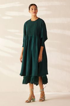 Green silk layered dress with smocked bodice, pleated neckline border and attached smocked uneven bottom layer. - Aza Fashions Green Thread, Pleated Neckline, Layered Dress, Layer Dress, Fashion App, Green Silk, Embroidered Silk, Dress For Women, Women Dresses