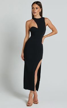 Alexis Midi Dress - Cut Out Detail High Split Dress in Black | Showpo USA Chic Maxi Dress With Side Slits For Prom, Chic Maxi Dress With Side Slits For Prom Season, Elegant Stretch Midi Dress With Cutout, Chic Maxi Dress For Night Out At Gala, Asymmetrical Cutout Bodycon Dress For Night Out, Night Out Dress With Asymmetrical Neckline And Cutout, Sleek Maxi Dress For Night Out With Flattering Silhouette, Night Out Dress With Cutout And Asymmetrical Neckline, Asymmetrical Cutout Dresses For Parties