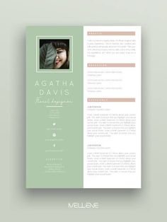 a green and pink resume template with a photo on the front, in an elegant style