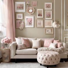 a living room filled with furniture and pictures on the wall