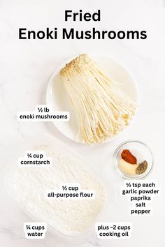 ingredients to make fried enokii mushrooms on a white plate with text overlay