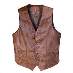 Faux Leather Vest, 5 Antique Embossed Snap Button Front Closure, Fully Lined, Two Point Front Yoke & One Point Back Yoke Western Style, Hidden Adjustable Elastic band, 2 front Ranch Pockets, 50% Polyurethane, 50% Polyester. Soft Faux Distressed Leather Material of high quality. Fully lined Polyester Satin Brown Leather Vest, Slim Dress Pants, Faux Leather Vest, Slim Fit Dress Pants, Vest Men, Slim Fit Dresses, Fitted Trousers, Leather Vest, Slim Dresses