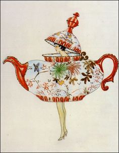 a drawing of a woman in a dress with a teapot on her head and legs