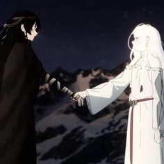 two anime characters holding hands in front of snow covered mountains at night, one is wearing a long white dress and the other wears a black cloak