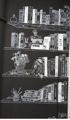 a black and white drawing of books on a shelf with flowers in a vase next to them