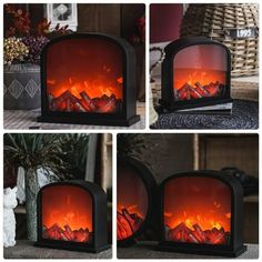 four different views of an electric fireplace with red flames and mountains in the fire place