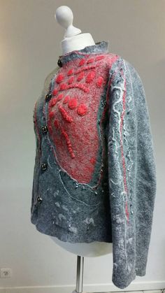 Jacket made of merino wool red silkgray coat wearable от Veuna Handmade Wool Long Sleeve Outerwear, Handmade Red Winter Outerwear, Handmade Red Outerwear For Fall, Felt Fashion, Graphite Art, Silk Coat, Fibre Art, Grey Coat, Gray Silk