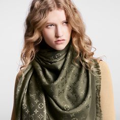 LOUIS VUITTON® - Monogram Classic Shawl - Khaki Louis Vuitton Bandeau, Lv Scarf, Louis Vuitton Scarf, Logo Scarves, Stole Scarf, Elegant Drapes, Monogram Pattern, Leather Denim, Travel Blankets