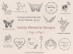 the family memorial designs are drawn in different styles and sizes, including hearts, flowers, leaves, and birds