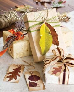 gift wrapped in brown paper and tied with twine, sitting on the floor next to fall leaves