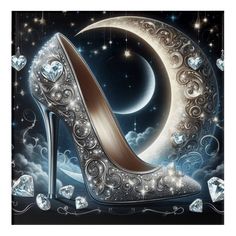 Stiletto High Heels with Crescent Moon and Diamond Acrylic Print Moon Shoes, Sparkly Shoes, Cholo Art, Cartoon People, Man Of Steel, High Heels Stilettos, Crescent Moon, Acrylic Wall Art, Fantasy Clothing