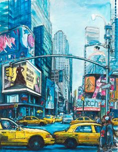 a painting of people crossing the street in new york city, with taxi cabs and pedestrians