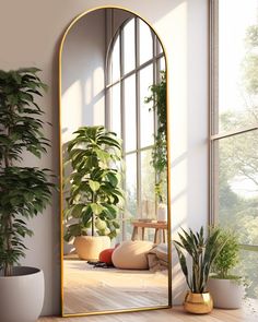 a large mirror sitting on top of a wooden floor next to a potted plant