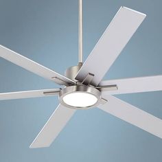 a white ceiling fan with three blades and a light on the bottom one is turned off