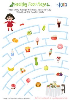 a child's activity book about healthy food mazes