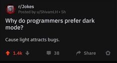 the text reads, why do programers prefer dark mode? cause light attracts bugs