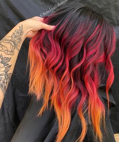 Hair Colors That Fade Pretty, Red Outfit Accessories, Black With Vivid Colors Hair, Medium Length Vivid Hair, Sunset Money Piece Hair, Raspberry Highlights In Brown Hair, Red Hair With Colored Highlights, Colored Ends Of Hair Brunettes, Hair Cuts And Color Ideas