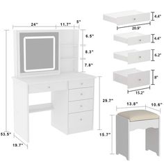 a white desk with two drawers and a computer monitor on the top, next to it's measurements