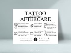 a white poster with the words tattoo aftercare on it and icons in black font