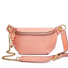 Pink Genuine Leather Zipper Fanny Pack Chain Strap Belt Bags | Baginning Elegant Pink Shoulder Bag With Zipper Pocket, Pink Leather Bag With Zipper Pocket, Pink Belt Bag With Removable Pouch, Pink Shoulder Belt Bag For Mobile Phones, Pink Mobile Phone Belt Bag For Travel, Pink Belt Bag For Daily Use, Trendy Pink Belt Bag With Zipper Pocket, Pink Belt Bag With Zipper For Everyday, Pink Belt Bag With Zipper Pocket