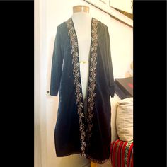 La Lo La Embroidered Silk Caftan , Beautiful, Black Color Size Medium New With Tags, Beautiful Work In The Silk, Beautiful Duster Bohemian Evening Outerwear With Long Sleeves, Elegant Embroidered Kimono For Festival, Spring Evening Embroidered Kaftan, Bohemian Long Sleeve Kimono For Evening, Bohemian Long Sleeve Evening Kimono, Bohemian Long Sleeve Evening Abaya, Elegant Black Kimono With Floral Embroidery, Elegant Long-sleeved Kimono With Floral Embroidery, Elegant Long Sleeve Kimono With Floral Embroidery