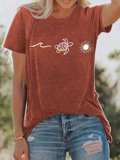 Turtle Print Short Sleeve T-Shirt Graphic Tees Women Tops Rust Brown Casual  Short Sleeve Knitted Fabric Graphic  Medium Stretch  Women Clothing, size features are:Bust: ,Length: ,Sleeve Length: Letter Print Tops For Fall Vacation, Letter Print Tops For Vacation In Fall, Casual Stretch T-shirt For Vacation, Casual Long Sleeve T-shirt For Vacation, Stretch T-shirt For Vacation With Short Sleeves, Short Sleeve T-shirt For Vacation In Fall, Trendy Stretch T-shirt For The Beach, Stretch Short Sleeve T-shirt For Vacation, Fall Crew Neck T-shirt For Vacation