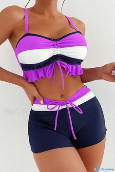 OrcaJump - Dark Purple Colorblock Ruffled Drawstring Tie Bikini Shorts Color Block Swimwear, Shorts Drawing, Beach Attire, Resort Fashion, Swimwear Trends, Color Block Design, Tie Shorts, Stylish Sandals, Block Design